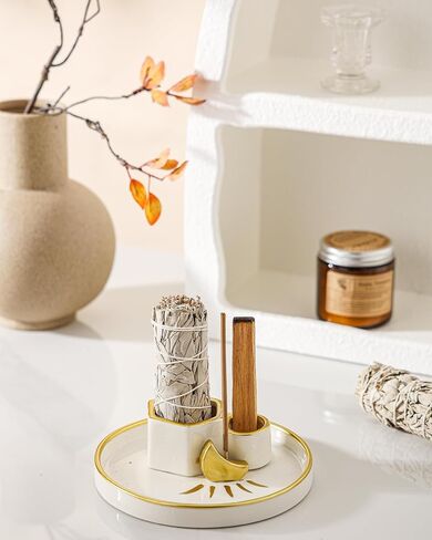 Incense Holder Burner, Ceramic Incense Holder for Palo Santo Sage Cedar Bundles Incense Sticks and Candle, Smudge Dish for Meditation Yoga, Modern Home Decor (Gold-Moon1) in Saudi Arabia