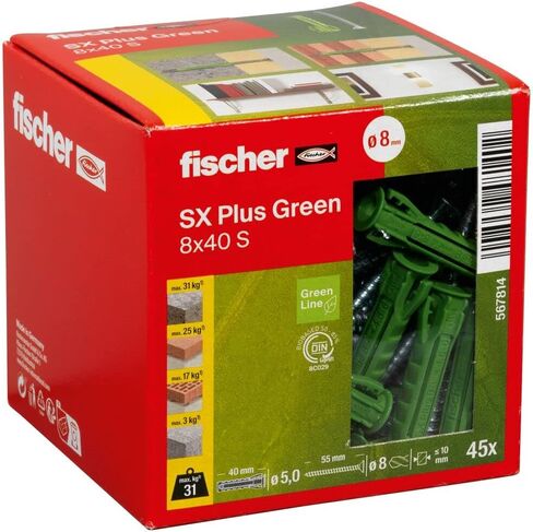 Fischer 568208 تمدد SX Plus S ، صندوق من 50 مسامير مطابقة من النايلون ، ومواد للاحتفاظ الأمثل عند التثبيت ، والخرسانة الصلبة ، والهوية ، والطوب المثقبة ، والكثير ، القياسي ، 8 × 40 MIT Schraube in Saudi Arabia