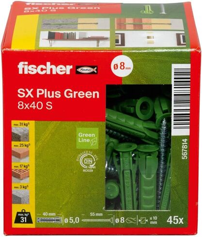 Fischer 568208 تمدد SX Plus S ، صندوق من 50 مسامير مطابقة من النايلون ، ومواد للاحتفاظ الأمثل عند التثبيت ، والخرسانة الصلبة ، والهوية ، والطوب المثقبة ، والكثير ، القياسي ، 8 × 40 MIT Schraube in Saudi Arabia
