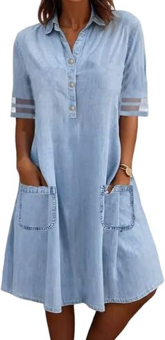 utcoco Denim Dress for Women 2025 Casual Tulle Short Sleeve Button Jean Midi Dress with Pockets in Saudi Arabia