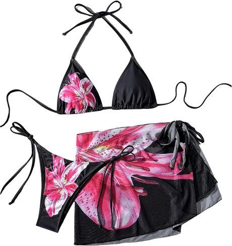 Wdirara Women's 3 قطعة Boho Paisley Floral Swimsuit Halter Bikini مجموعة مثلث سلسلة السباحة مع تنورة الشاطئ in Kuwait