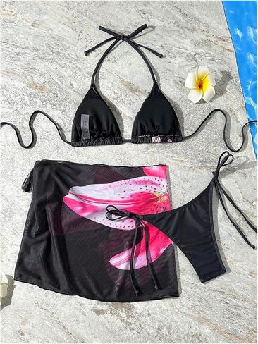 Wdirara Women's 3 قطعة Boho Paisley Floral Swimsuit Halter Bikini مجموعة مثلث سلسلة السباحة مع تنورة الشاطئ in Kuwait
