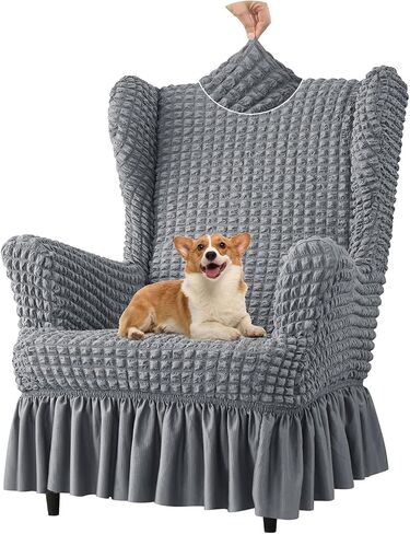 تمتد Seersucker Wingback Chair Slipcover ، كرسي الفقاعة العالمي مع تنورة ، غرفة معيشة أغلفة كرسي عالية ، أغطية قابلة للانزلاق سهلة للكراسي (Dark Beige ، Chair) in Saudi Arabia