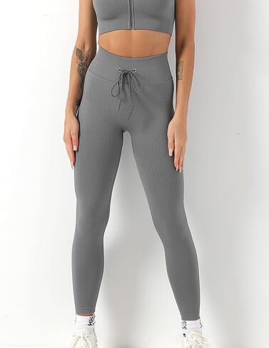 Women's High Waist Drawstring Leggings Seamless Ribbed Yoga Pants for Gym Fitness and Casual Wear in Saudi Arabia