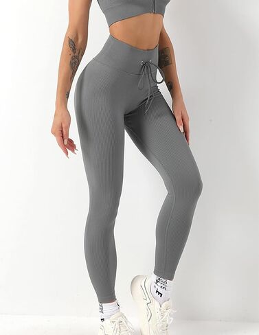 Women's High Waist Drawstring Leggings Seamless Ribbed Yoga Pants for Gym Fitness and Casual Wear in Saudi Arabia