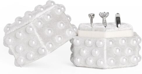Pearl Velvet Ring Bearer Box - 3 Slot Handmade Wedding Decor Jewelry Box Ring Holder Case for Engagement, Proposals, Ceremony, Bridal Photography Gift Christmas (Hexagon) in Saudi Arabia