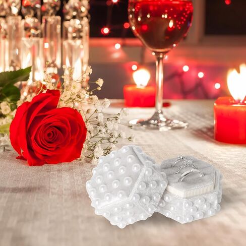 Pearl Velvet Ring Bearer Box - 3 Slot Handmade Wedding Decor Jewelry Box Ring Holder Case for Engagement, Proposals, Ceremony, Bridal Photography Gift Christmas (Hexagon) in Saudi Arabia