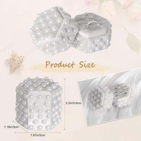 Pearl Velvet Ring Bearer Box - 3 Slot Handmade Wedding Decor Jewelry Box Ring Holder Case for Engagement, Proposals, Ceremony, Bridal Photography Gift Christmas (Hexagon) in Saudi Arabia