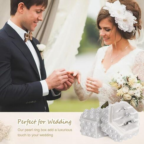 Pearl Velvet Ring Bearer Box - 3 Slot Handmade Wedding Decor Jewelry Box Ring Holder Case for Engagement, Proposals, Ceremony, Bridal Photography Gift Christmas (Hexagon) in Saudi Arabia