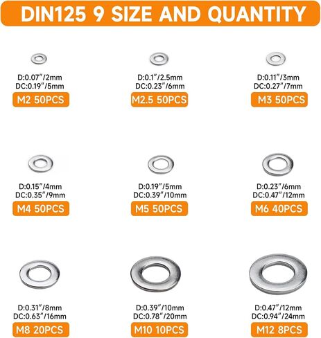 470pcs Fender Washers 304 Stainless Steel Flat Washers 23 Sizes SAE+Metric Assorted Washers Set Assortment Washer Kit for Screws Bolts (M3 M4 M5 M6 M8 M10 M12 6# 8# 10# 1/4 5/16 3/8 1/2) in Kuwait