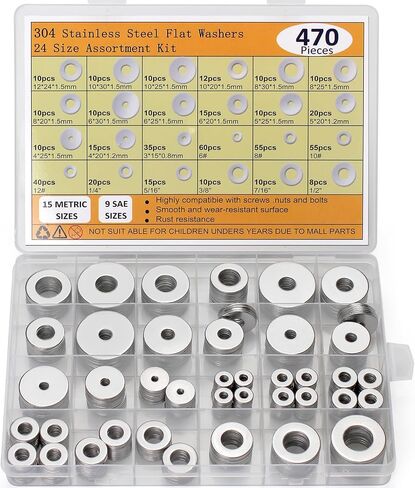 470pcs Fender Washers 304 Stainless Steel Flat Washers 23 Sizes SAE+Metric Assorted Washers Set Assortment Washer Kit for Screws Bolts (M3 M4 M5 M6 M8 M10 M12 6# 8# 10# 1/4 5/16 3/8 1/2) in Kuwait