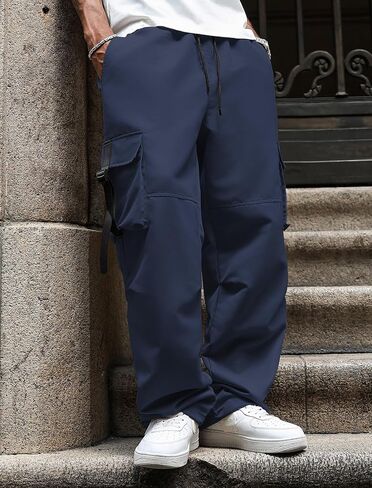 ZAFUL Baggy Cargo Pants for Men Casual Stretch Elastic Drawstring Parachute Pants Loose Fit Joggers with Multi Pockets in Saudi Arabia
