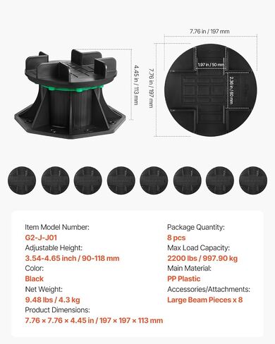VEVOR Deck Blocks 12 PCS, 2000lbs / 907.18kg Load Capacity Deck Support Plastic Pedestal Paver, Raising 2.36-5.31 inch / 60-135 mm, Height Adjustable Shed Foundation Base for Wood Concrete Metal in Saudi Arabia
