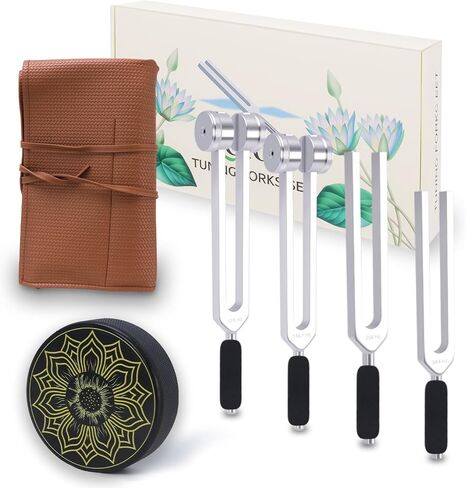 Tuning Forks for Healing Set – Weighted 128Hz 136.1Hz 256Hz 384Hz with Activator, Crystal & Leather Pouch – Relaxation & Meditation Tools for Energy Balance and Sound Support in Saudi Arabia