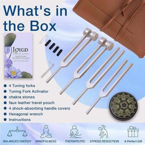 Tuning Forks for Healing Set – Weighted 128Hz 136.1Hz 256Hz 384Hz with Activator, Crystal & Leather Pouch – Relaxation & Meditation Tools for Energy Balance and Sound Support in Saudi Arabia