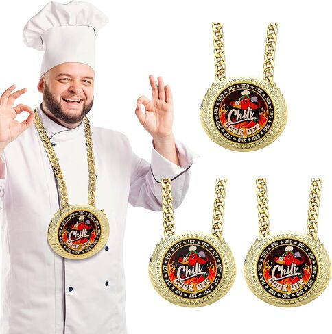 Soulchen 3 Pieces Chili Cook Off Jumbo Turnover Chain Medal 6 Inch Big Gold Champ Cooking Medal Necklace Award 1st 2nd 3rd Chili Cooking Prize for Women Men Family Cook Off Decoration Prize Gift in Saudi Arabia
