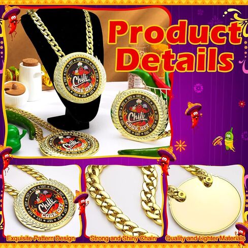 Soulchen 3 Pieces Chili Cook Off Jumbo Turnover Chain Medal 6 Inch Big Gold Champ Cooking Medal Necklace Award 1st 2nd 3rd Chili Cooking Prize for Women Men Family Cook Off Decoration Prize Gift in Saudi Arabia
