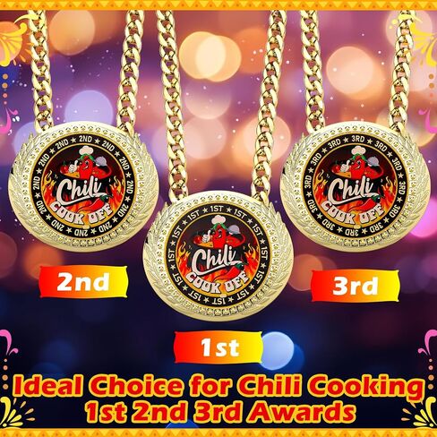 Soulchen 3 Pieces Chili Cook Off Jumbo Turnover Chain Medal 6 Inch Big Gold Champ Cooking Medal Necklace Award 1st 2nd 3rd Chili Cooking Prize for Women Men Family Cook Off Decoration Prize Gift in Saudi Arabia