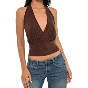 Women Backless Halter Top Tie Back Deep V Neck Camisole Y2k Sleeveless Ruched Crop Top Summer Going Out Outfits in Kuwait