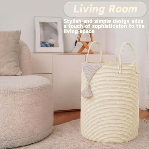 Large Woven Laundry Basket Hamper,60L Cotton Rope Storage Bin for Blankets,Toys and Clothes,Decorative Tall Nursery Hamper for Living Room,Baby Nursery,Bathroom and Bedroom,Golden Jute in Saudi Arabia
