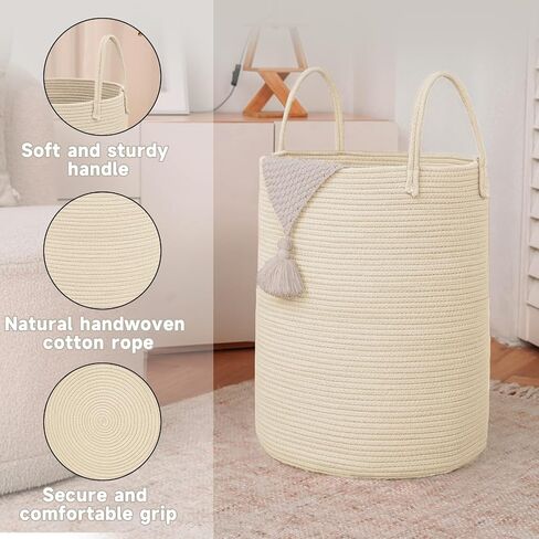 Large Woven Laundry Basket Hamper,60L Cotton Rope Storage Bin for Blankets,Toys and Clothes,Decorative Tall Nursery Hamper for Living Room,Baby Nursery,Bathroom and Bedroom,Golden Jute in Saudi Arabia