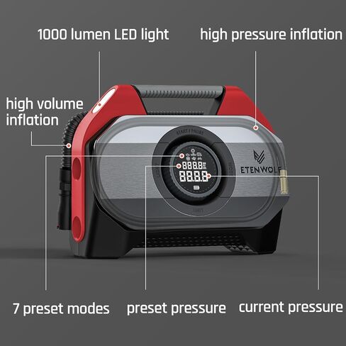 Etenwolf Vortex S6se Cordless Tyre ضاغط الهواء المحمول ، مضخة هواء 160 رطل / بوصة مربعة لإطارات السيارات مع بطارية 15600 مللي أمبير في الساعة ، دورة عمل 100 ٪ والأسطوانة المزدوجة ، مضخة هواء للسيارة الشاقة ، الأحمر in Saudi Arabia