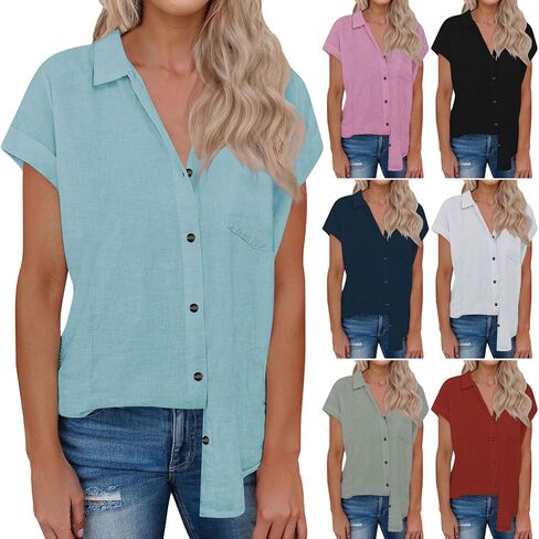Linen Tops for Women Summer Button Down Shirts Cute Short Sleeve Blouses Dressy Casual Collared Clothes with Pockets in Saudi Arabia