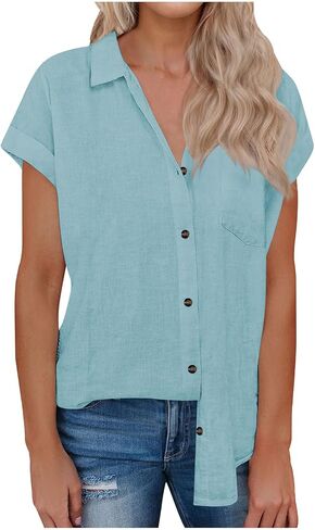 Linen Tops for Women Summer Button Down Shirts Cute Short Sleeve Blouses Dressy Casual Collared Clothes with Pockets in Saudi Arabia