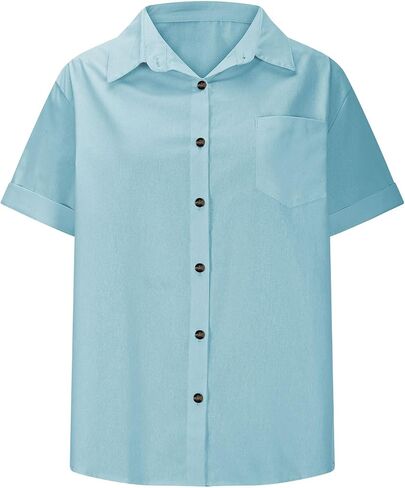 Linen Tops for Women Summer Button Down Shirts Cute Short Sleeve Blouses Dressy Casual Collared Clothes with Pockets in Saudi Arabia