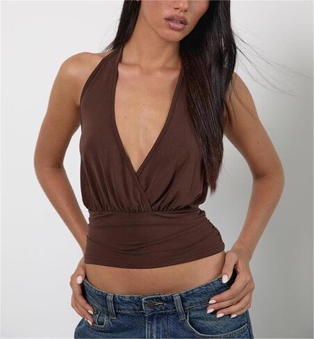 Women Backless Halter Top Tie Back Deep V Neck Camisole Y2k Sleeveless Ruched Crop Top Summer Going Out Outfits in Kuwait