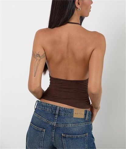 Women Backless Halter Top Tie Back Deep V Neck Camisole Y2k Sleeveless Ruched Crop Top Summer Going Out Outfits in Kuwait