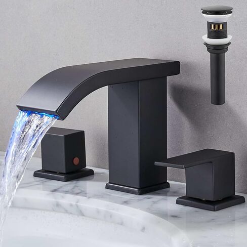 LED LED Light Bathroom Sink Faucet 3 ثقب على نطاق واسع شلال شباك 3 ألوان تغيير مع تجميع فائض الصرف وخراطيم RV Bath Varucets للمصارف 3 ثقب in Kuwait