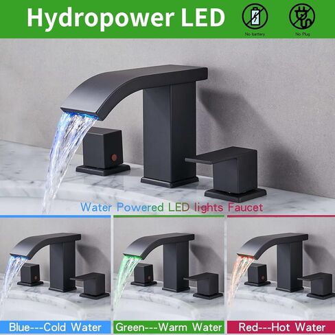 LED LED Light Bathroom Sink Faucet 3 ثقب على نطاق واسع شلال شباك 3 ألوان تغيير مع تجميع فائض الصرف وخراطيم RV Bath Varucets للمصارف 3 ثقب in Kuwait