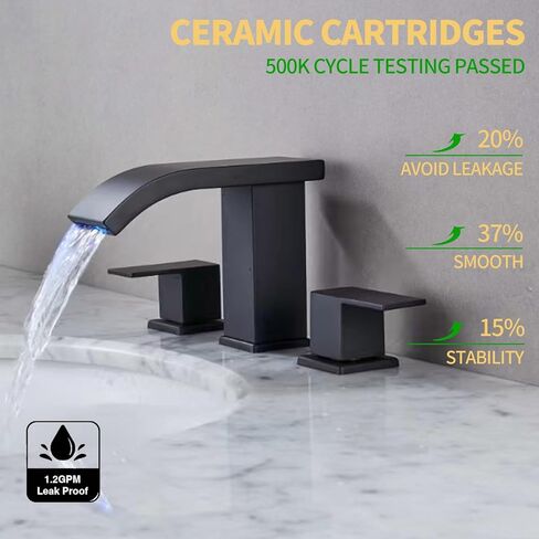 LED LED Light Bathroom Sink Faucet 3 ثقب على نطاق واسع شلال شباك 3 ألوان تغيير مع تجميع فائض الصرف وخراطيم RV Bath Varucets للمصارف 3 ثقب in Kuwait