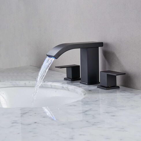 LED LED Light Bathroom Sink Faucet 3 ثقب على نطاق واسع شلال شباك 3 ألوان تغيير مع تجميع فائض الصرف وخراطيم RV Bath Varucets للمصارف 3 ثقب in Kuwait