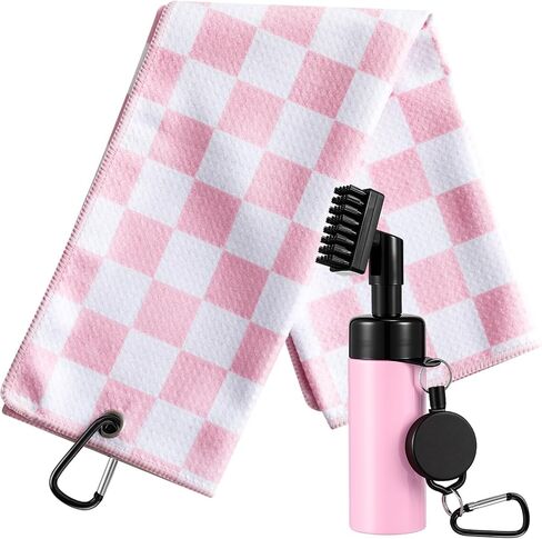 Liliful Pink and White Checkered Golf Towel Pink Cleaner Water Brush Set, Microfiber Waffle Towel Golf Accessories Kit Club Supplies for Birthday Christmas Women Ladies Gifts in Saudi Arabia