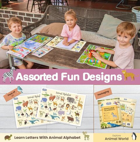 40 Pack Waterproof Disposable Placemats for Baby, Place mats for Kids, Toddler - Kids Placemats for Dining Table Tyke, Restaurants, and Travel (Dinosaur and Animal Alphabet Theme) in Saudi Arabia