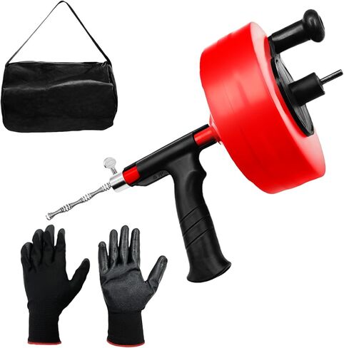 Drain Snake 50 Ft, Drain Snake Hair Drain Clog Remover, Plumbing Snake with Drill Attachment, Plumbing Snake for Toilet, Sink and Shower, Manual or Powered Use, w/Gloves and Storage Bag, Blue in Kuwait