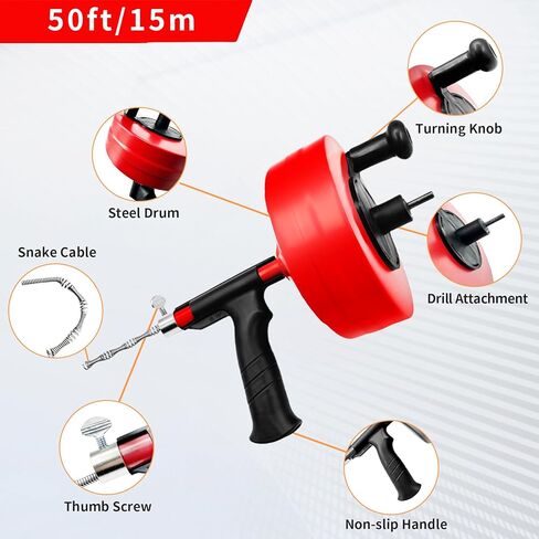 Drain Snake 50 Ft, Drain Snake Hair Drain Clog Remover, Plumbing Snake with Drill Attachment, Plumbing Snake for Toilet, Sink and Shower, Manual or Powered Use, w/Gloves and Storage Bag, Blue in Kuwait