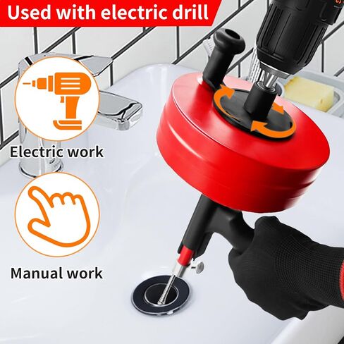 Drain Snake 50 Ft, Drain Snake Hair Drain Clog Remover, Plumbing Snake with Drill Attachment, Plumbing Snake for Toilet, Sink and Shower, Manual or Powered Use, w/Gloves and Storage Bag, Blue in Kuwait