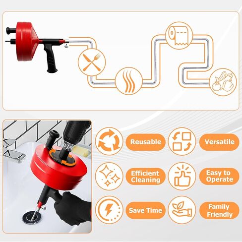 Drain Snake 50 Ft, Drain Snake Hair Drain Clog Remover, Plumbing Snake with Drill Attachment, Plumbing Snake for Toilet, Sink and Shower, Manual or Powered Use, w/Gloves and Storage Bag, Blue in Kuwait