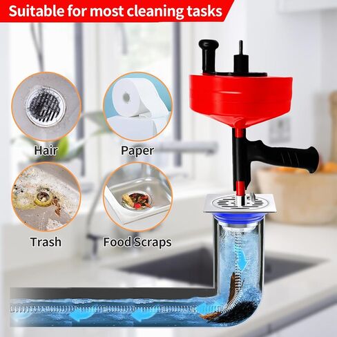Drain Snake 50 Ft, Drain Snake Hair Drain Clog Remover, Plumbing Snake with Drill Attachment, Plumbing Snake for Toilet, Sink and Shower, Manual or Powered Use, w/Gloves and Storage Bag, Blue in Kuwait