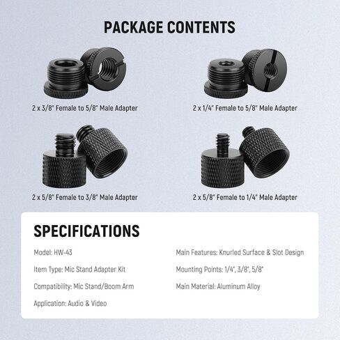 NEEWER Mic Stand Extension Accessories Kit 6 Pieces, Aluminum Alloy Microphone Holder Extender Buffer Tubes & 5/8" Male to 3/8" Female Screw Thread Mount Adapters for Boom Arm Desk Stand, HW-44 in Saudi Arabia