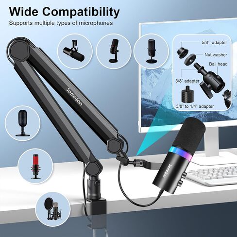 LM08 Mic Arm Stand, 360° Microphone Stand with Cable Management Channels, Desk Clamp, Thread Adapter, Fully Adjustable Built Podcast Mic Boom Arm for Streaming Gaming Recording Black in Saudi Arabia
