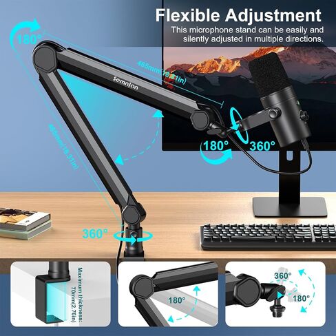 LM08 Mic Arm Stand, 360° Microphone Stand with Cable Management Channels, Desk Clamp, Thread Adapter, Fully Adjustable Built Podcast Mic Boom Arm for Streaming Gaming Recording Black in Saudi Arabia