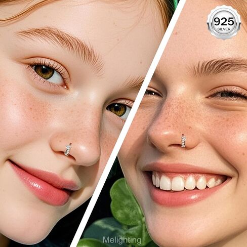 melighting 20g خاتم الأنف المزدوج طوق 925 الجنيه الاسترليني الفضي 8 مم طوق الأنف سلسا سلسا حلزونًا مفتوحًا خارقًا في حلق CZ Clatring ثقب الأنف للنساء in Kuwait