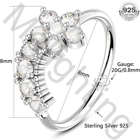melighting 20g خاتم الأنف المزدوج طوق 925 الجنيه الاسترليني الفضي 8 مم طوق الأنف سلسا سلسا حلزونًا مفتوحًا خارقًا في حلق CZ Clatring ثقب الأنف للنساء in Kuwait