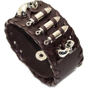 Balaijor Punk Rock Alloy Skull Head Braided Leather Wristband Adjustable Snap Cuff Bracelet