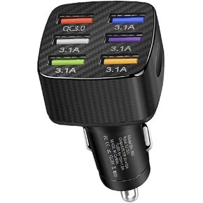 محول شاحن سيارة، 6 USB شاحن سريع متعدد المنافذ QC3.0 USB Smart Shunt شاحن ولاعة السجائر، شاحن هاتف السيارة لمعظم الهواتف المحمولة، iPhone/Android/Samsung/Galaxy