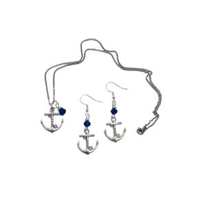 Anchor Necklace & Earring Set with Dark Blue Crystal Accent Beads on Sterling Silver Earwires